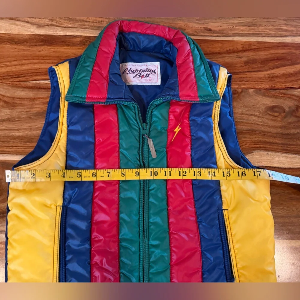 RARE Vintage Late 70s Lightning Bolt Hawaiian Production Rainbow Puffer Vest, M - Picture 5 of 10